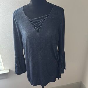 French Laundry denim look 3/4 ruffle sleeves lace up front pull over top Sz L
